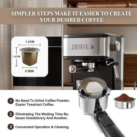 Kick Your Daily Coffee Grind Up With This Pro Stainless Steel Espresso Machine Slingin Bold Shots At 20 Bar Pressure For Rich Crema And Creamy Cappuccinos Using A Smart Dual Filter Setup. Espresso machine features a portafilter with coffee grounds.