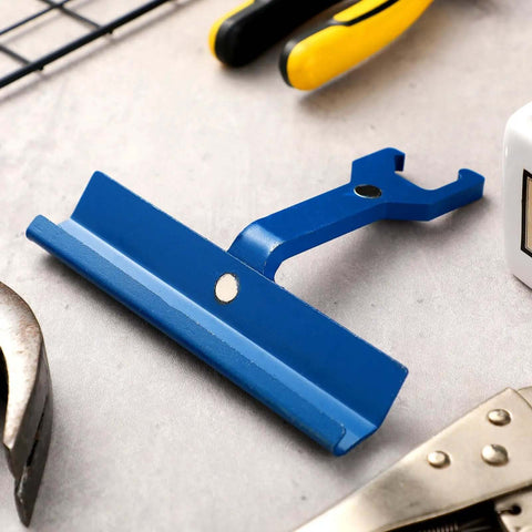 4 Inch Magnetic TDC TDF Clip Cleat Tool in blue, flat on a workbench, for PPC PPF Clips, HVAC duct work, durable sheet metal tool.