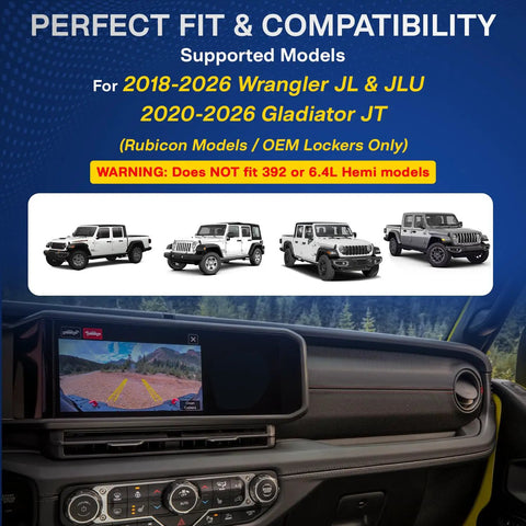 Direct Fit Locker Sensor Bypass Harness For Wrangler JL And Gladiator JT Rubicon shown in dashboard setup for models 2018-2026.