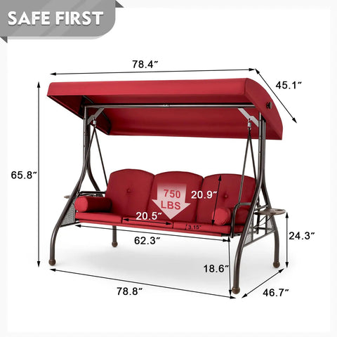 Dimensions of Three Seat Outdoor Porch Swing With Adjustable Canopy Convertible Patio Swing Bed With Stand Glider Swing