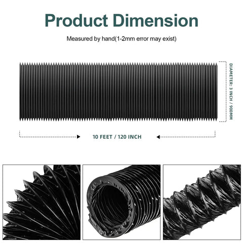 3-Inch Marine Blower Hose Replacement For Boat Vent Bilge Blower Exhaust Fan, 10 Feet Black Flexible Duct Hose Display