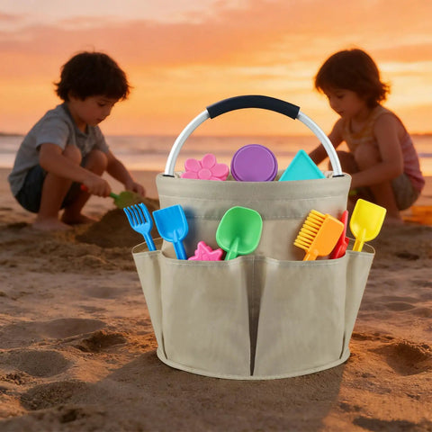 17L Foldable Cleaning Caddy With Handle And Six Pockets at the beach with toys, sunset backdrop, durable Oxford cloth tote