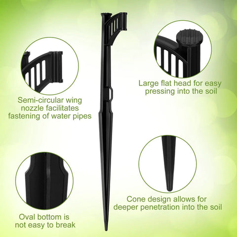25 Pack Drip Irrigation Riser Stakes For 1/4 Inch Tubing Hose Holder Adjustable Ground Stakes For Micro Sprinklers And Garden Irrigation Systems Durable Plastic Construction shown with design features and benefits.