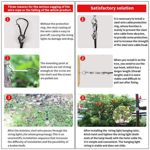 Guide on installing an outdoor string light hanging kit with 100ft black vinyl coated 304 stainless steel cable and hardware.