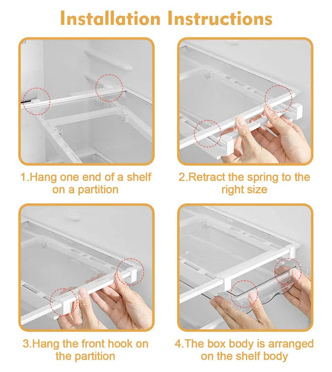 Step-by-step installation of Adjustable Egg Tray For Refrigerator With Pull Out Drawer Design Food Grade PP Plastic Egg Organizer
