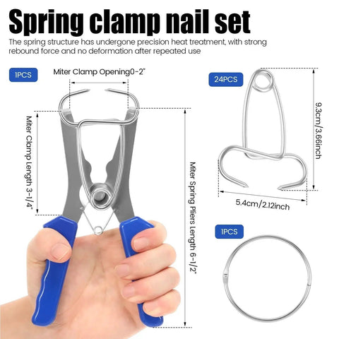 24Pcs Heavy Duty Miter Spring Clamp and Plier Kit For Woodworking Pros Steel Tools With Storage Ring Perfect For Picture Frame Molding Projects, shown with clamp, pliers, and ring