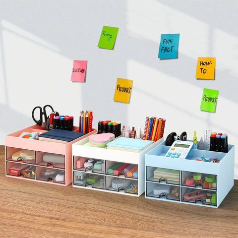 Desktop Organizer With Drawer And Multi Compartment Storage Box White, Office Desk Caddy with pens, pencils, sticky notes