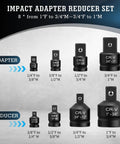 Eight Piece Impact Socket Adapter And Reducer Set For Quarter Through One Inch Drives featuring various sizes from 1/4" to 1".