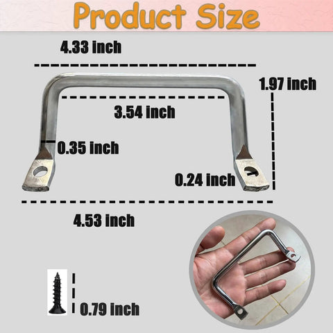 Straight Ahead Stainless Steel Tray Handles Set Of 4 With Comfy Angled Grip And Clean Silver Look dimensions and screw details.