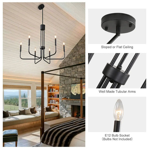 Black 6 Light Chandelier For Dining Room Dope Modern Farmhouse Industrial Candlestick Ceiling Hanging Light Fixture Over Table Living Room Kitchen