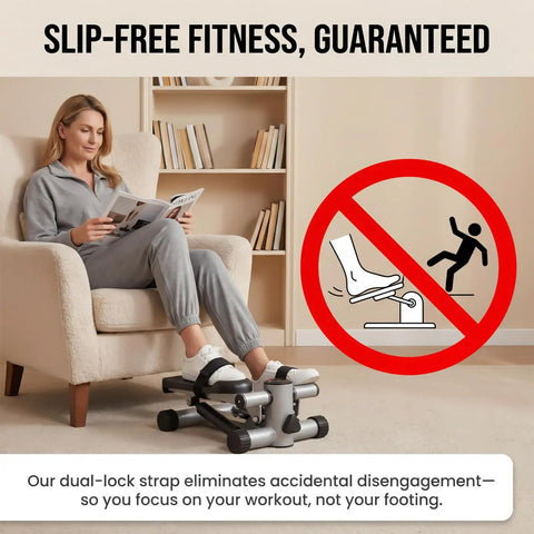 Woman using Leg Exerciser Traction Straps For Under Desk Workouts With Elliptical Pedal Band Set Pedal Straps and Stability Beams at home