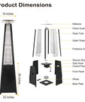 Diagram of Propane Patio Heater With Reflector Shield And Wheels 40000 BTU Quartz Glass Tube Outdoor Heater components and dimensions.
