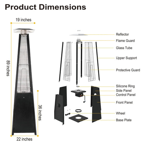 Diagram of Propane Patio Heater With Reflector Shield And Wheels 40000 BTU Quartz Glass Tube Outdoor Heater components and dimensions.