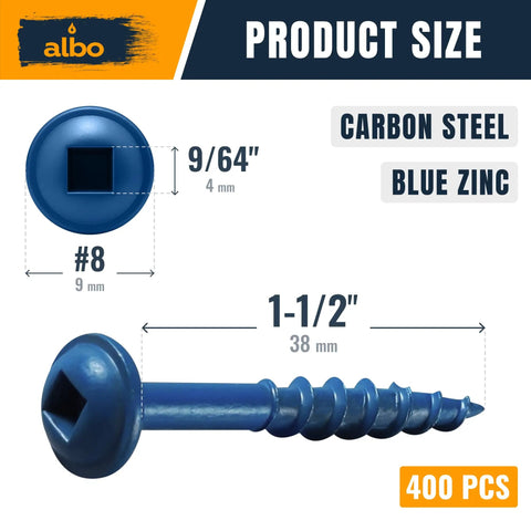 Size 8 Pocket Hole Screws 1-1/2 Inch, 400 Pack, Zinc Coated Carbon Steel, Square Drive, Easy Drive Wood Screws