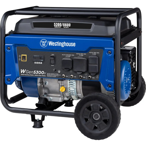 6600 Peak Watt Portable Generator With Transfer Switch Ready 30A RV Receptacle, showcasing control panel and outlets.