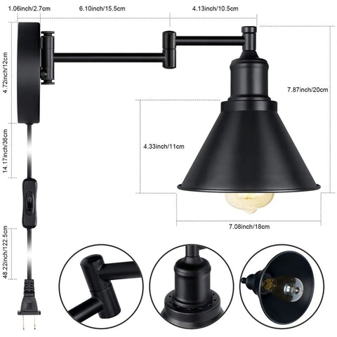 2 In 1 Plug In Or Hardwired Swing Arm Wall Light Sconce In Industrial Black Finish With Adjustable Arm E26 Base Socket Fits A Bunch Of Bulbs Up To 40 Watts with dimension details