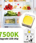 Opened refrigerator with vegetables and fruits, showing Five Pack LED Refrigerator Bulb Replacement Light For Appliances Waterproof
