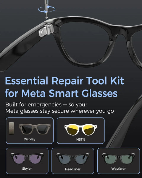Clean Fit Eyeglass Screwdriver And Precision Screw Kit For Ray Ban Meta And Oakley Meta Gen 1 2, showing quick repair for Meta Smart Glasses.