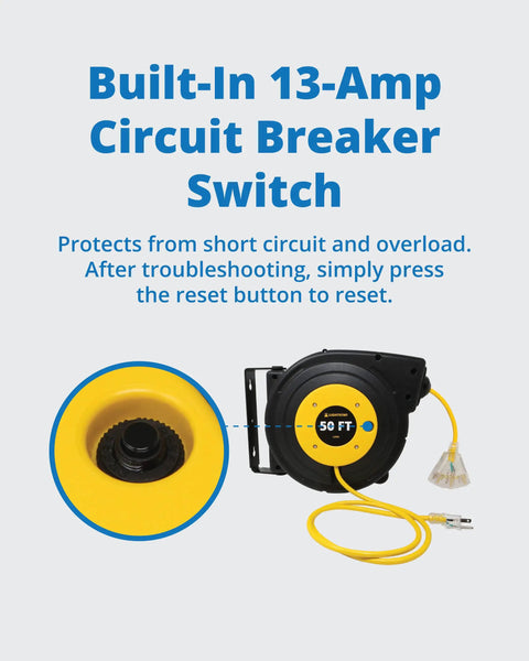 Beefed Up 50 Ft Retractable Extension Cord Reel With 14 3 AWG SJTOW Power Cord Lighted Triple Tab Outlet, built-in 13-amp circuit breaker