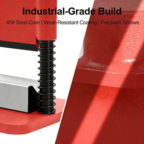 Close-up of Heavy Duty Press Brake Attachment for 12 to 20 Ton Hydraulic Shop Presses with dual spring design, red color.