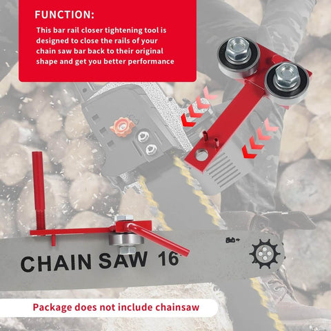 Heavy Duty Chainsaw Bar Rail Closer Tool for Precise Rail Alignment and Chain Grinding, dual bearing, cast iron steel, red.