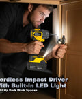 Beater Proof 21V Brushless Cordless Impact Driver Kit Yellow used for cabinet hinge installation with built-in LED light.