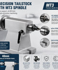 Solid Build Lathe Tailstock With Mt3 Taper And Rotary Live Center 40mm Stroke 40Cr Spindle Side Lock Clamp For Cnc Machining Shop image showing precision tailstock and MT3 spindle design.