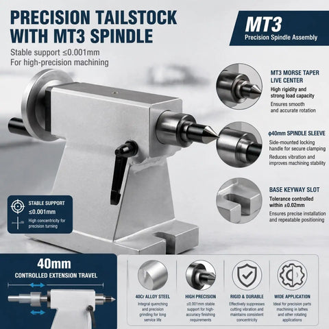 Solid Build Lathe Tailstock With Mt3 Taper And Rotary Live Center 40mm Stroke 40Cr Spindle Side Lock Clamp For Cnc Machining Shop image showing precision tailstock and MT3 spindle design.