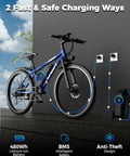 1500W Peak Electric Mountain Bike For Adults, 25 MPH Top Speed, 65 Mile Range, charging setup and features shown