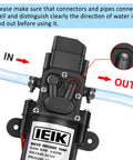 Beefy 12V Diaphragm Water Pump For Sprayers And RVs Self Priming 116 PSI 5 LPM showing water flow direction in and out