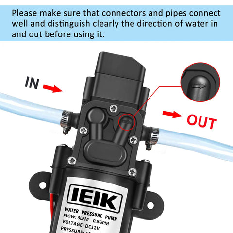 Beefy 12V Diaphragm Water Pump For Sprayers And RVs Self Priming 116 PSI 5 LPM showing water flow direction in and out