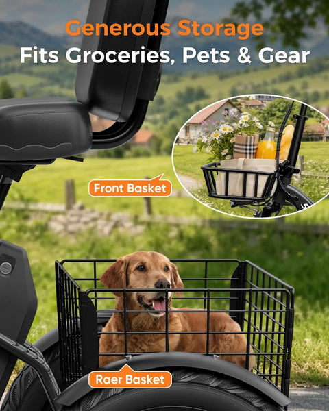 Adult E Trike With 1200W Peak Motor 18 MPH 3 Riding Modes And 748.8Wh Removable Battery For Smooth Acceleration Easy Hill Climbing And Daily Errands For Commuting Trails And Weekend Fun And City Cruising, front and rear baskets with dog