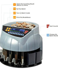 Coin Counter And Sorter Machine With Six Bins Counts Up To 250 Coins Per Minute Handles One Cent Five Cent Ten Cent Twenty Five Cent Fifty Cent And Dollar 2000 Coin Hopper Batch Mode Printer Ready Easy One Button Operation For Shops And Home, showing control panel with buttons and display.