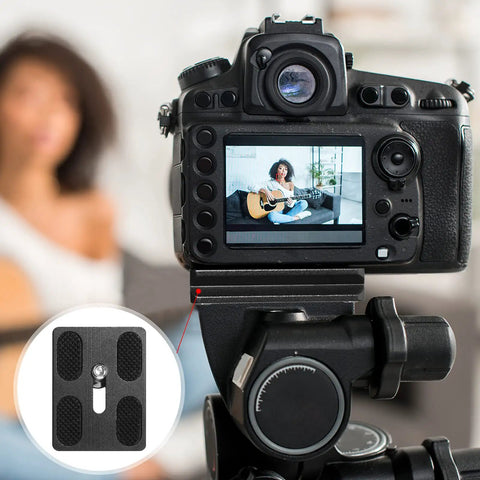 Two Pack Aluminum Quick Release Plates With One Quarter Twenty Camera Screws For DSLR Tripod Mounts, camera attached to tripod