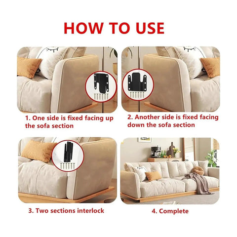 How to use Built Tough Sectional Couch Connectors Universal Modular Sofa Interlocking Clips with Heavy Duty Screws in four steps.