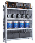 Heavy Duty 4 Tier Stainless Steel Garage Shelving Unit with 78 Inch Height and Adjustable Levels, showcasing tools and storage bins.