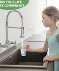 Rock Solid Wall Mount Kitchen Faucet With Smooth Dual Handles And No Fuss Two Function Spray For Laundry Or Commercial Sinks Built Tough From Lead Free Brushed Nickel Stainless Steel being used to fill a glass with water.