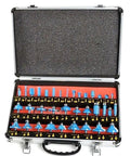 Pro Shop Essential Kickstart 35 Piece Router Bit Set With 1/4 Inch Shank Blades Featuring Sharp Tungsten Carbide Tips To Give You Extra Muscle For Fast Woodworking Projects Plus Rugged Aluminum Carry Case in aluminum case with blue bits.