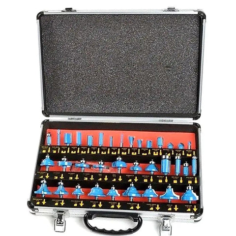 Pro Shop Essential Kickstart 35 Piece Router Bit Set With 1/4 Inch Shank Blades Featuring Sharp Tungsten Carbide Tips To Give You Extra Muscle For Fast Woodworking Projects Plus Rugged Aluminum Carry Case in aluminum case with blue bits.