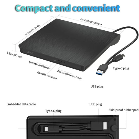 Two In One External CD DVD Drive With USB 3.0 And Type C Disc Reader Burner Player For Laptops And Desktops, 14.7cm black slim drive