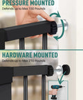 Close-up of pressure and hardware mounted installation options for wide auto close baby gate with cat door, showing attachments on white wall.