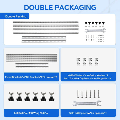 45 Inch Two Pack Solar Panel Mounting Bracket Kit With 0-90 Degree Tilt hardware and components displayed on white background