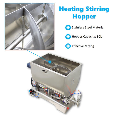 Built Like A Tank Horizontal Pneumatic Filling Machine With 80 Liter Heating Mixing Hopper And Stainless Steel Liquid Paste Filler Featuring 50 To 500 Milliliter Single Nozzle For 110V Production Lines close-up of 80L stainless steel heating stirring hopper.