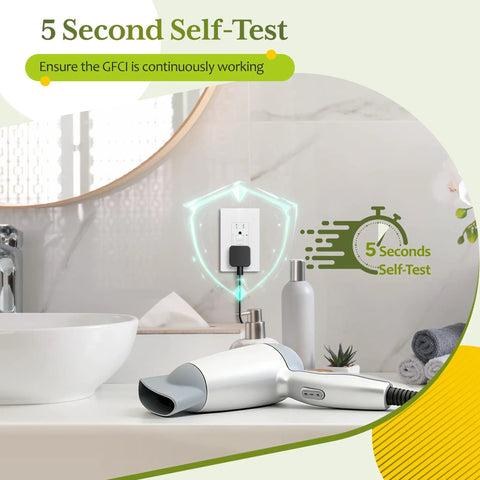 15 Amp GFCI Outlet with Self Test and LED Indicator Electrical Tamper Resistant Receptacle in modern bathroom setting.
