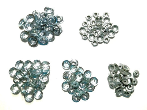 Thread Cutting Nut Set For One Eighth To Quarter Inch Studs, 125 Pieces With 25 Of Each Size, Durable Fasteners clumped by size.