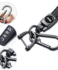 Premium Genuine Leather Keychain On Point Style Real Deal Fit For Jeep Wrangler Compass Cherokee Renegade Patriot Grand Commander Zinc Alloy Keyring Lanyard showing close-up of clip and leather detail.