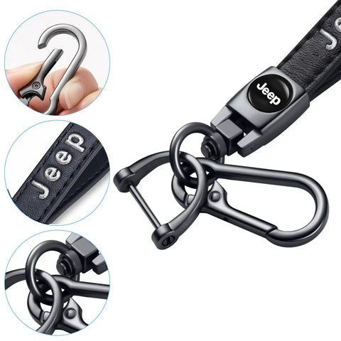 Premium Genuine Leather Keychain On Point Style Real Deal Fit For Jeep Wrangler Compass Cherokee Renegade Patriot Grand Commander Zinc Alloy Keyring Lanyard showing close-up of clip and leather detail.