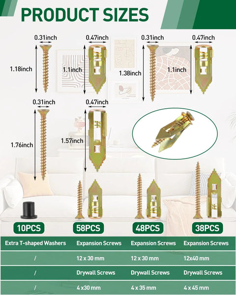 Image of Self Drilling Drywall Anchors Kit with expansion screws in three sizes zinc plated steel, dimensions shown.