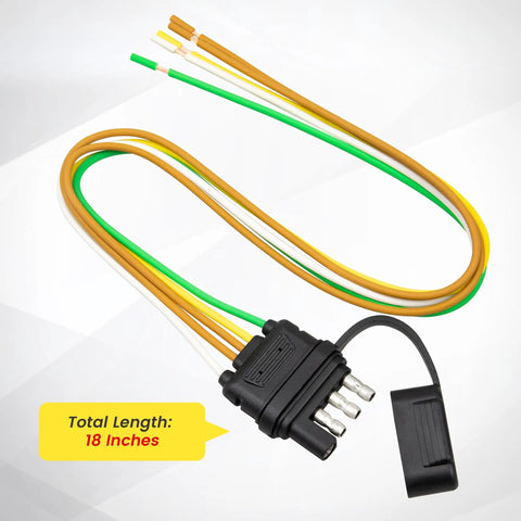 4 Pin 5 Wire Trailer Wiring Harness 18 Inch Replacement Kit With 16AWG Pure Copper Conductors And Y Split Design For Utility Boat ATV UTV Trailers Flat 4 Pin Plug Rewire Or Replace Worn Trailer Lights, shown in black with color-coded wires