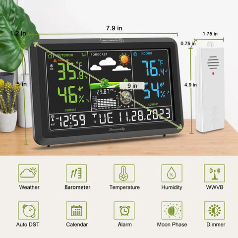 Indoor Outdoor Weather Station With Large Digital Display, Wireless Thermometer, Atomic Clock, Dimmer, USB Port, Humidity Monitor For Home, No-Fuss Setup, Easy Read Big Numbers, Plug In showing temperatures and time.